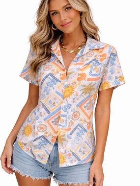 Women's Short Sleeve Button-Down Shirt in White Multi Sun Motif NWT